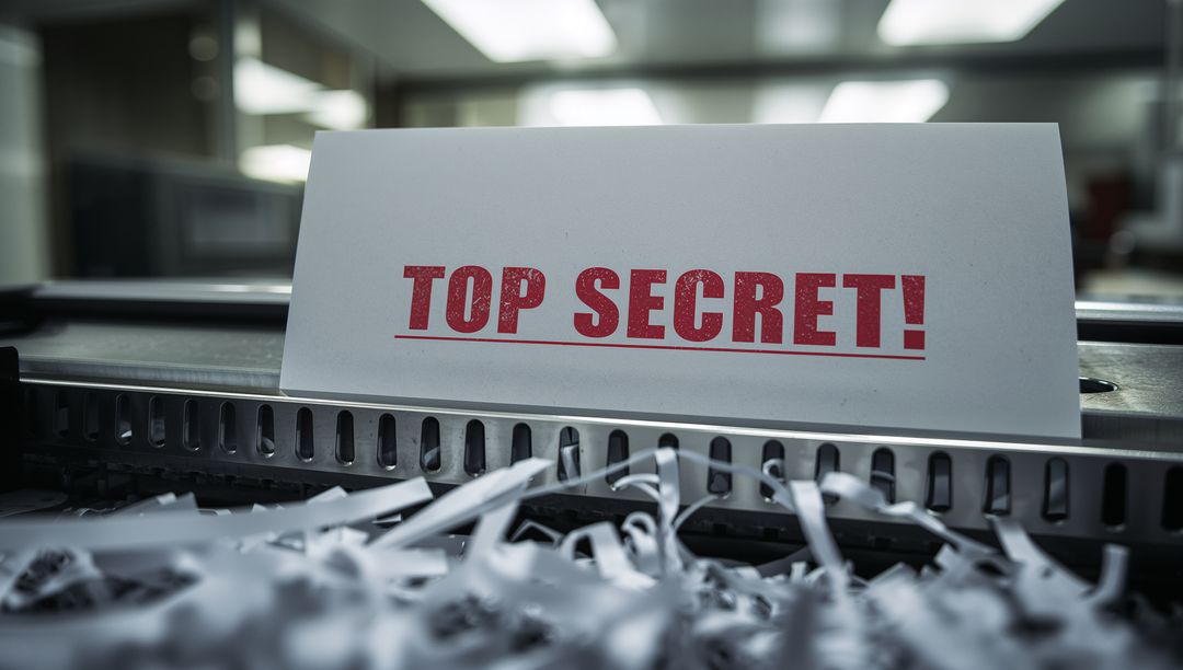 Top Secret Document Shredding in Office Shredder with Shredded Paper Foreground