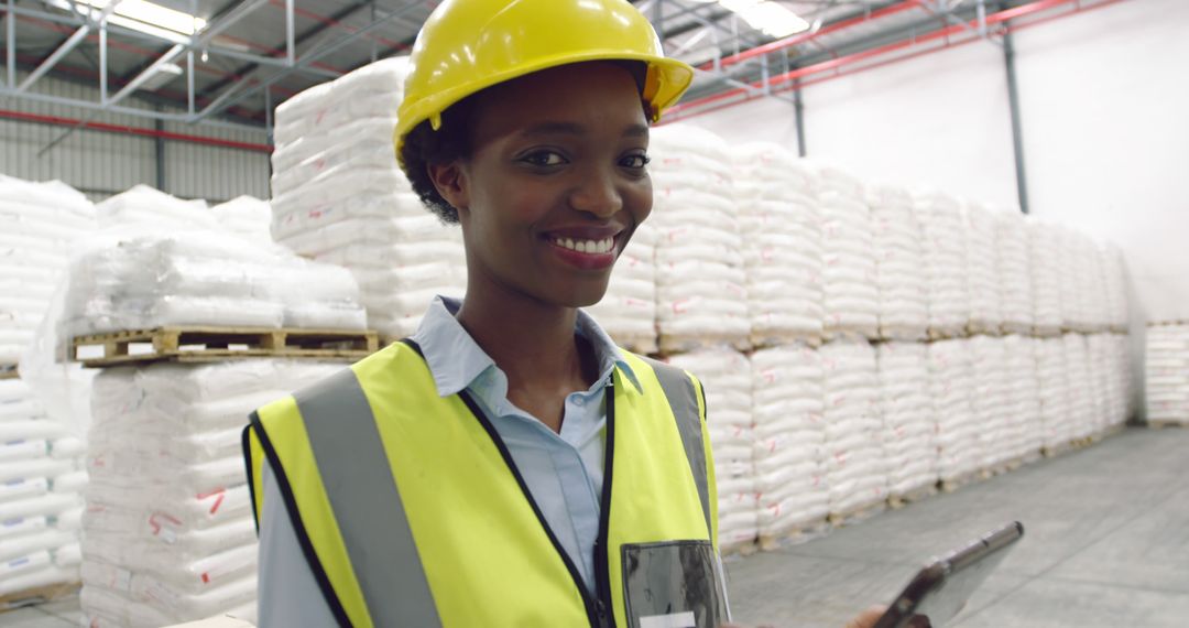 Smiling Female Warehouse Worker Wearing Hard Hat and Safety Vest Using Tablet - Free Images, Stock Photos and Pictures on Pikwizard.com