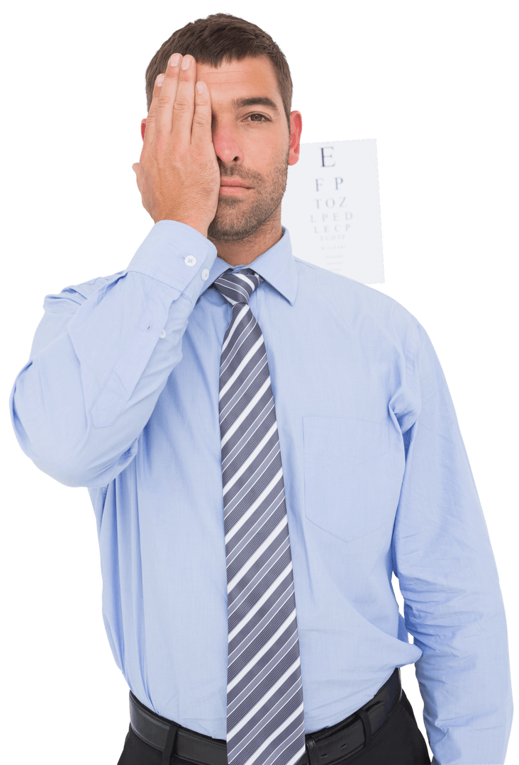 Transparent Image of Businessman Covering One Eye for Vision Test