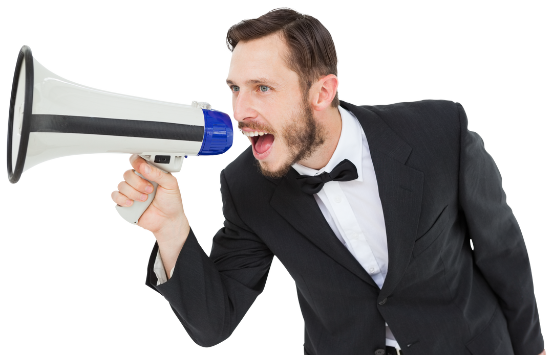 Businessman with Megaphone Shouting Loudly on Transparent Background - Download Free Stock Images Pikwizard.com