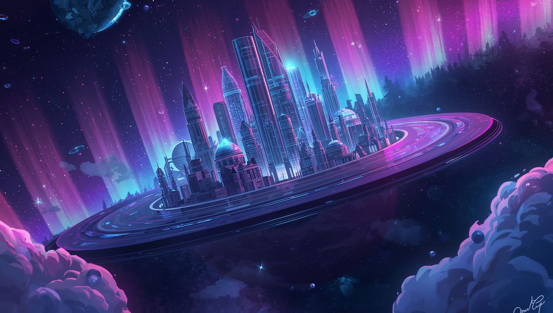 Futuristic Neon-Lit Cityscape on Floating Platform in Space