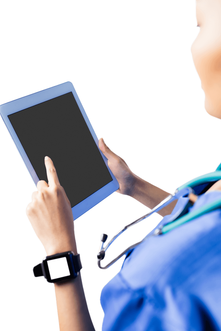 Transparent View Asian Nurse Using Modern Technology Tablet