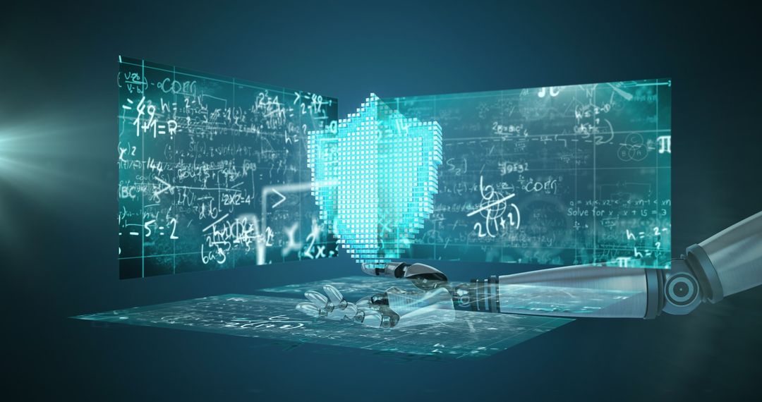 Robotic Arm Engaging with Futuristic Cybersecurity Hologram