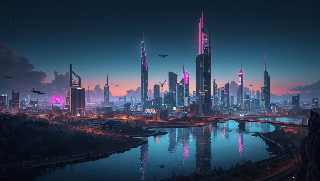 Standing Pair Watching Neon Futuristic Skyline Over River at Dusk with Ferris Wheel