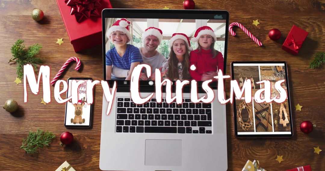 Family Celebrating Christmas Virtually with Text Overlay