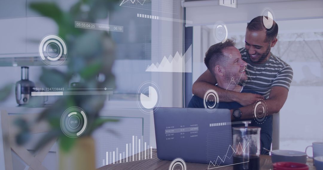Interracial Couple Analyzing Financial Data on Laptop with Digital Interface