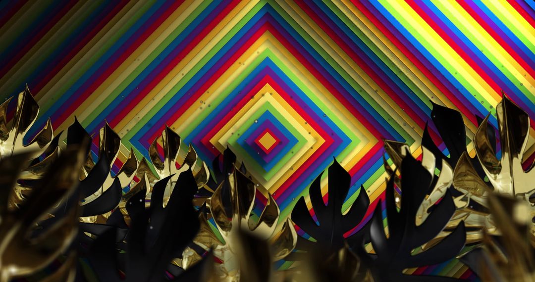 Vibrant 3D Geometric Pattern with Golden Leaves