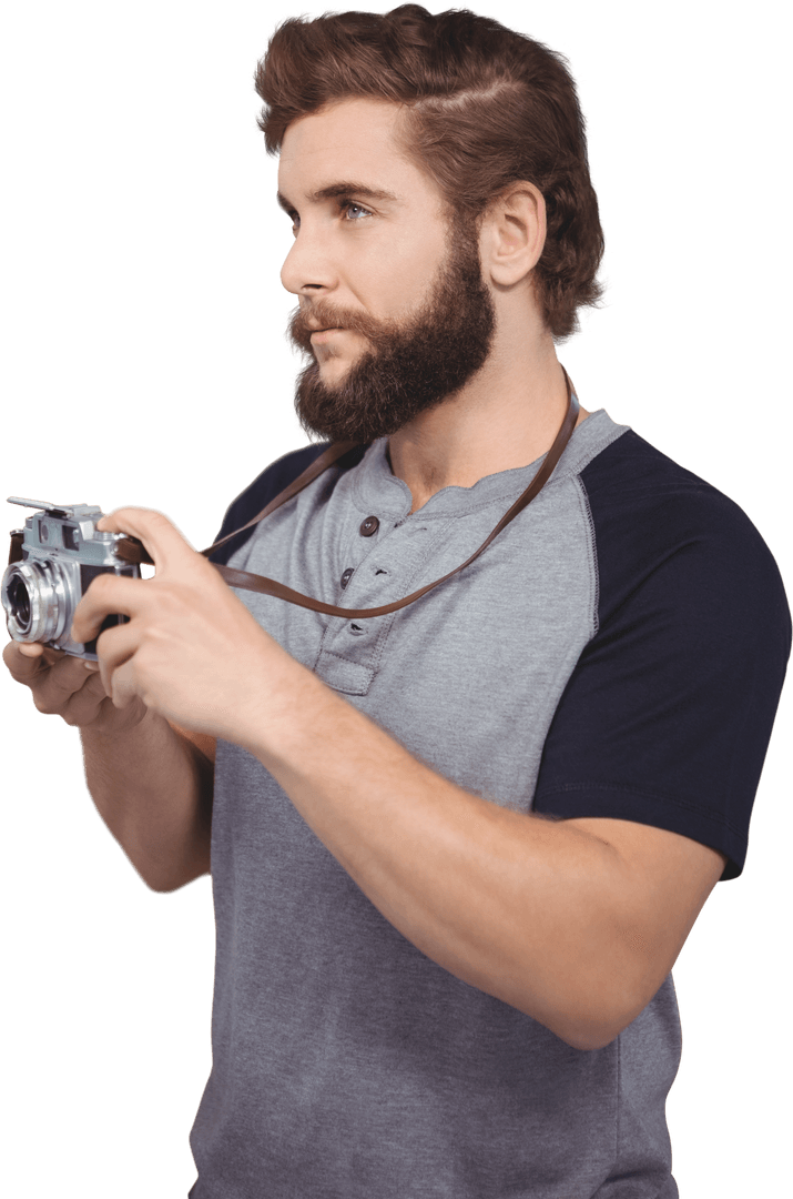 Bearded Hipster Confident Photographer Holding Retro Camera on Transparent Background