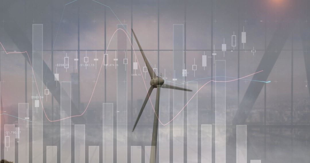 Wind Turbine Overlaid with Financial Graphs Symbolizing Green Investments
