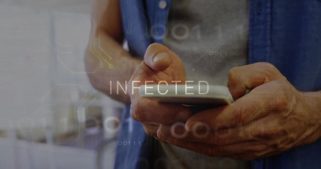 Hands Holding Smartphone with INFECTED Binary Overlay