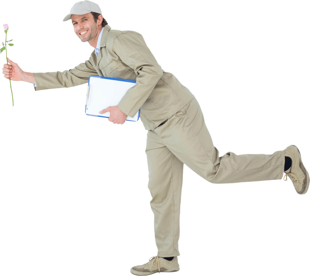Transparent Image of Happy Delivery Man Offering Single Flower