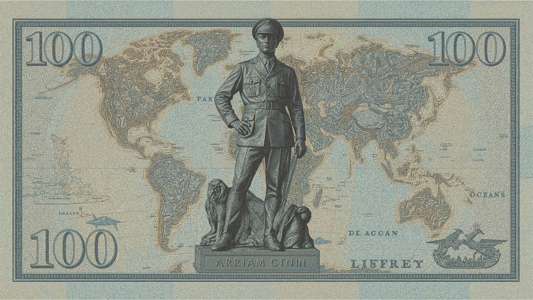 AI-Generated Geopolitical Currency Note Art with Bronze Statue