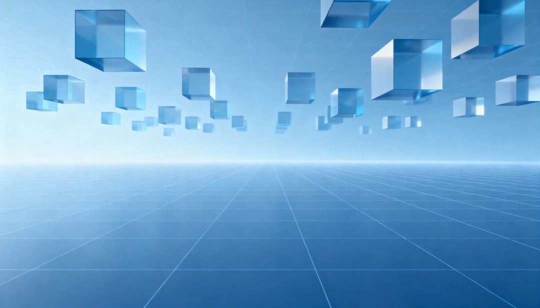 Floating Glass Blue Cubes Receding Over Reflective Grid Horizon Abstract Tech Background