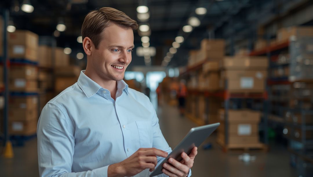 Warehouse Manager with Tablet Supervising Large Fulfillment Center