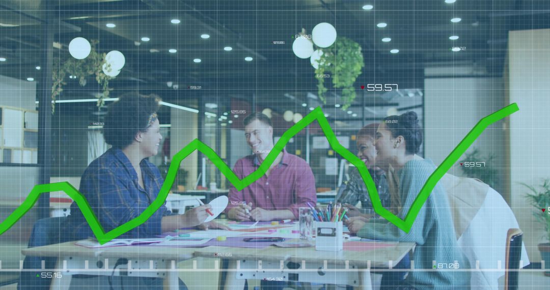 Diverse Team Collaborating in Modern Office with Data Overlay