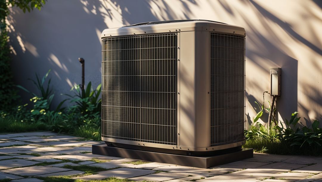 Outdoor HVAC Condenser Unit on Sunlit Patio with Landscaping