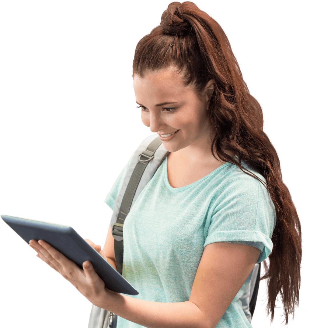Smiling Student with Tablet Engaging in Digital Learning Transparent Background