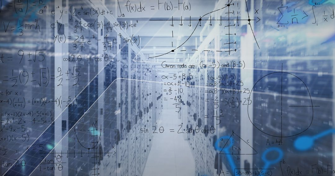 Mathematical Equations Overlaying Futuristic Server Room