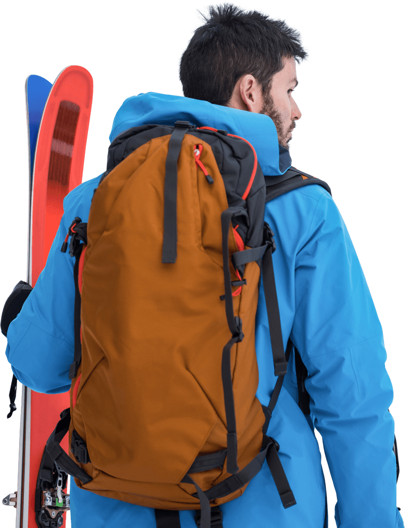 Transparent Rear Skier in Colorful Winter Gear Looking Away