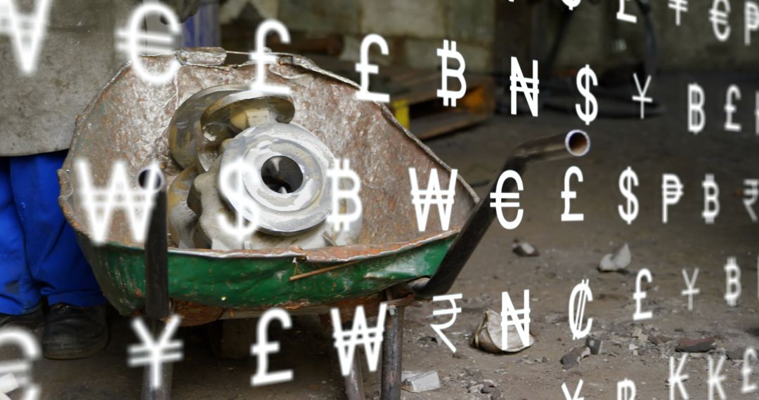 Currency Symbols Overlay on Industrial Spaces Representing Global Economy