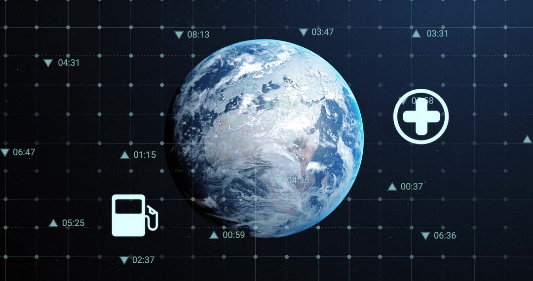 Digital Holographic Earth with Global Industry Icons and Numbers