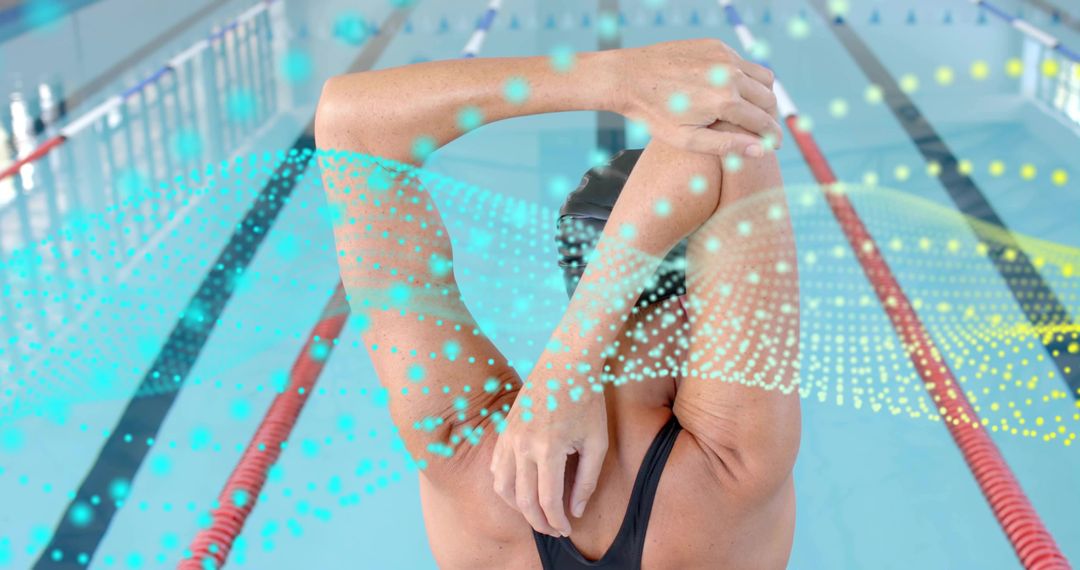 Swimmer stretching before race with digital performance data overlay in lap pool