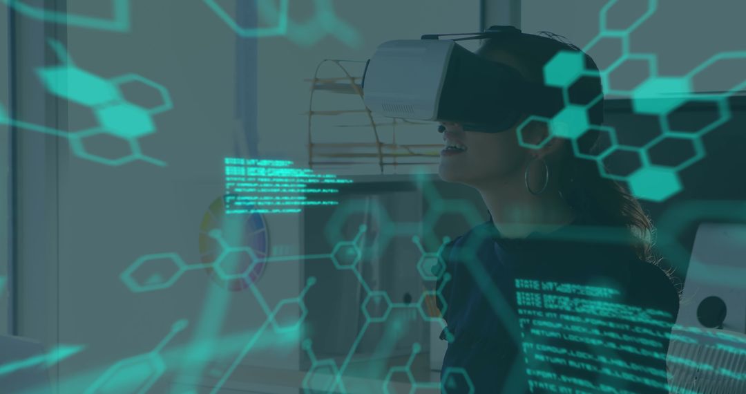 Woman Using VR Headset Overlaid with Medical Data Interface