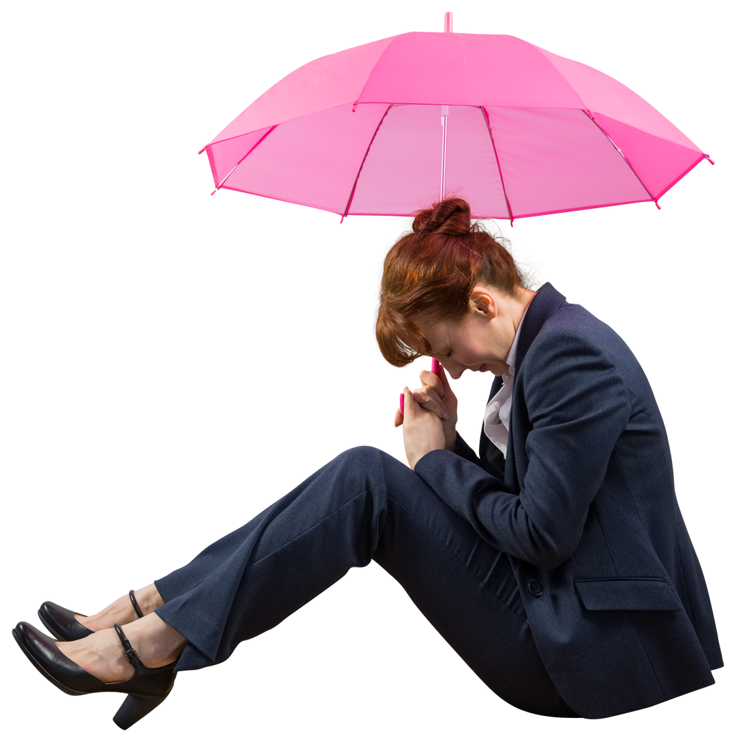 Sad Businesswoman Sitting Under Pink Umbrella on Transparent Background - Download Free Stock Images Pikwizard.com