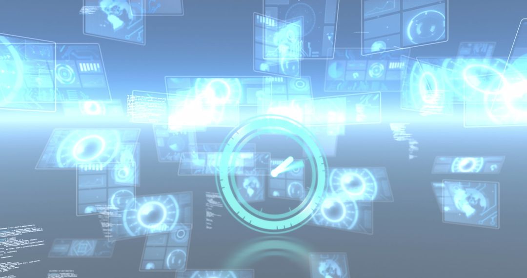 Neon Digital Clock with Futuristic Data Interfaces