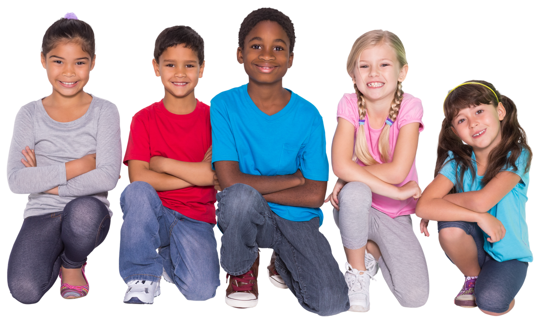 Happy Diverse Children Kneeling and Smiling on Transparent Background - Download Free Stock Images Pikwizard.com