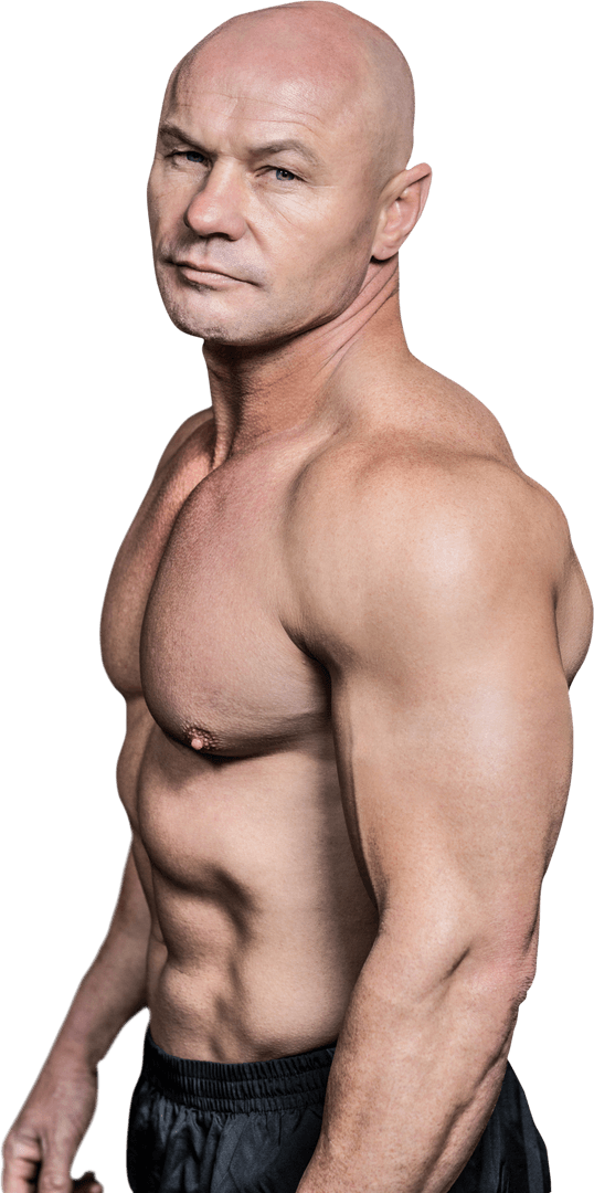 Confident Shirtless Bald Man Standing in Transparent Background