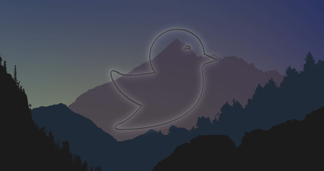 Neon Bird Outline with Mountain Landscape and Dusk Sky