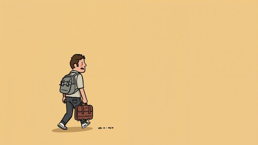 Commuter Walking with Backpack and Briefcase on Beige Background