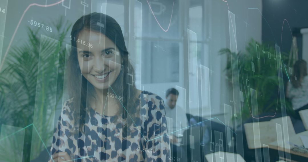 Smiling Young Woman in Office with Stock Market Data Overlay - Free Images, Stock Photos and Pictures on Pikwizard.com