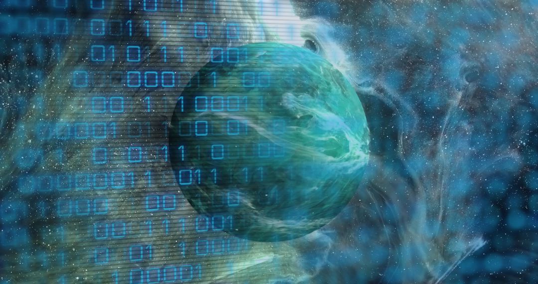 Binary Code Overlay on Futuristic Green Planet in Space