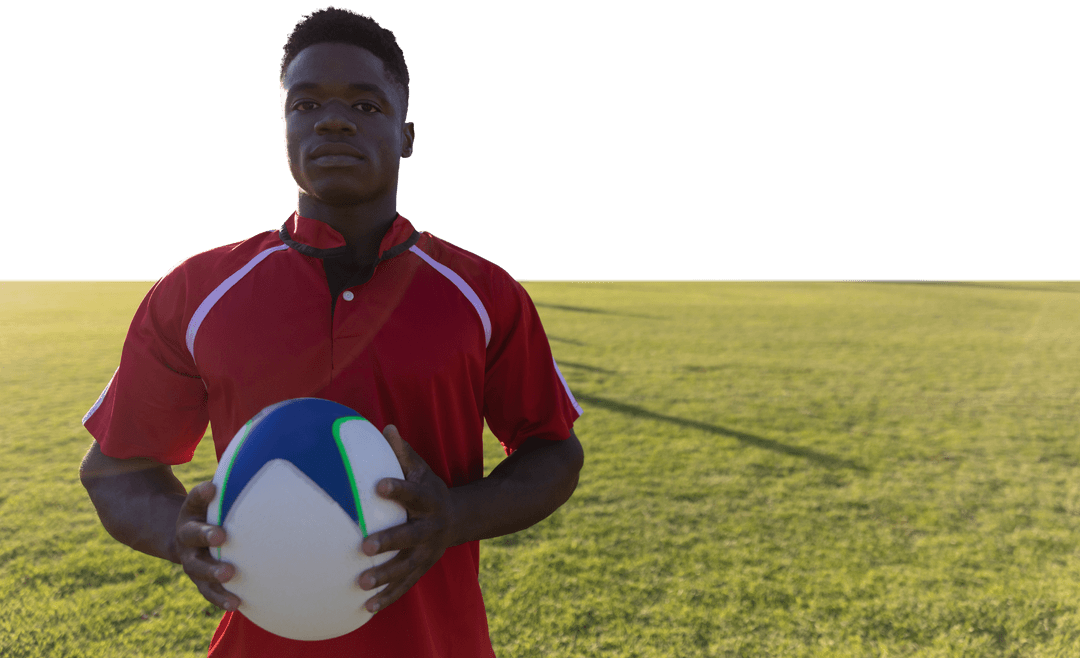 Transparent Rugby Player Holding Ball On Field