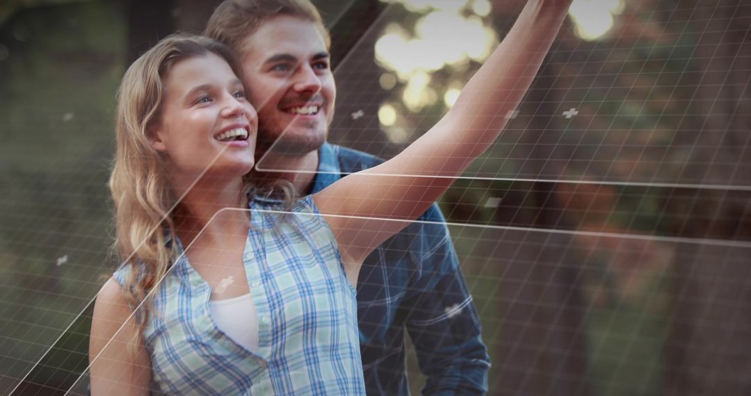 Couple Pointing in Park with Futuristic Digital Overlay