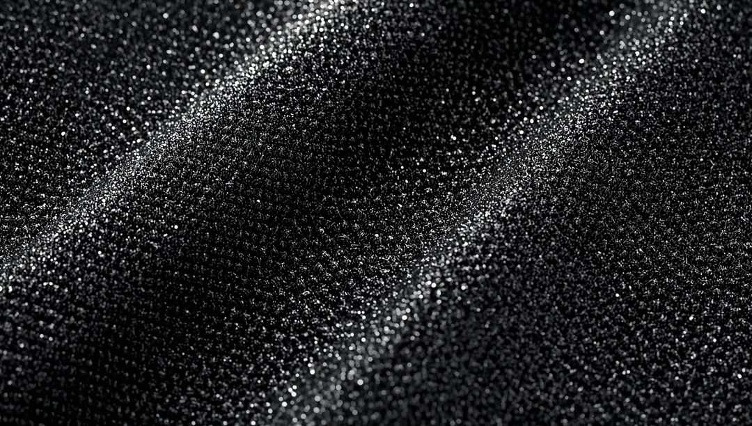 Black Glitter Fabric Macro Texture Showing Sparkling Microbeads and Diagonal Folds Closeup