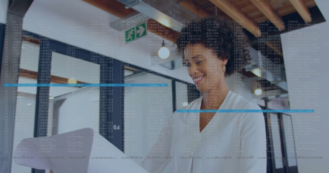 Smiling Businesswoman Analyzing Digital Financial Data in Modern Office