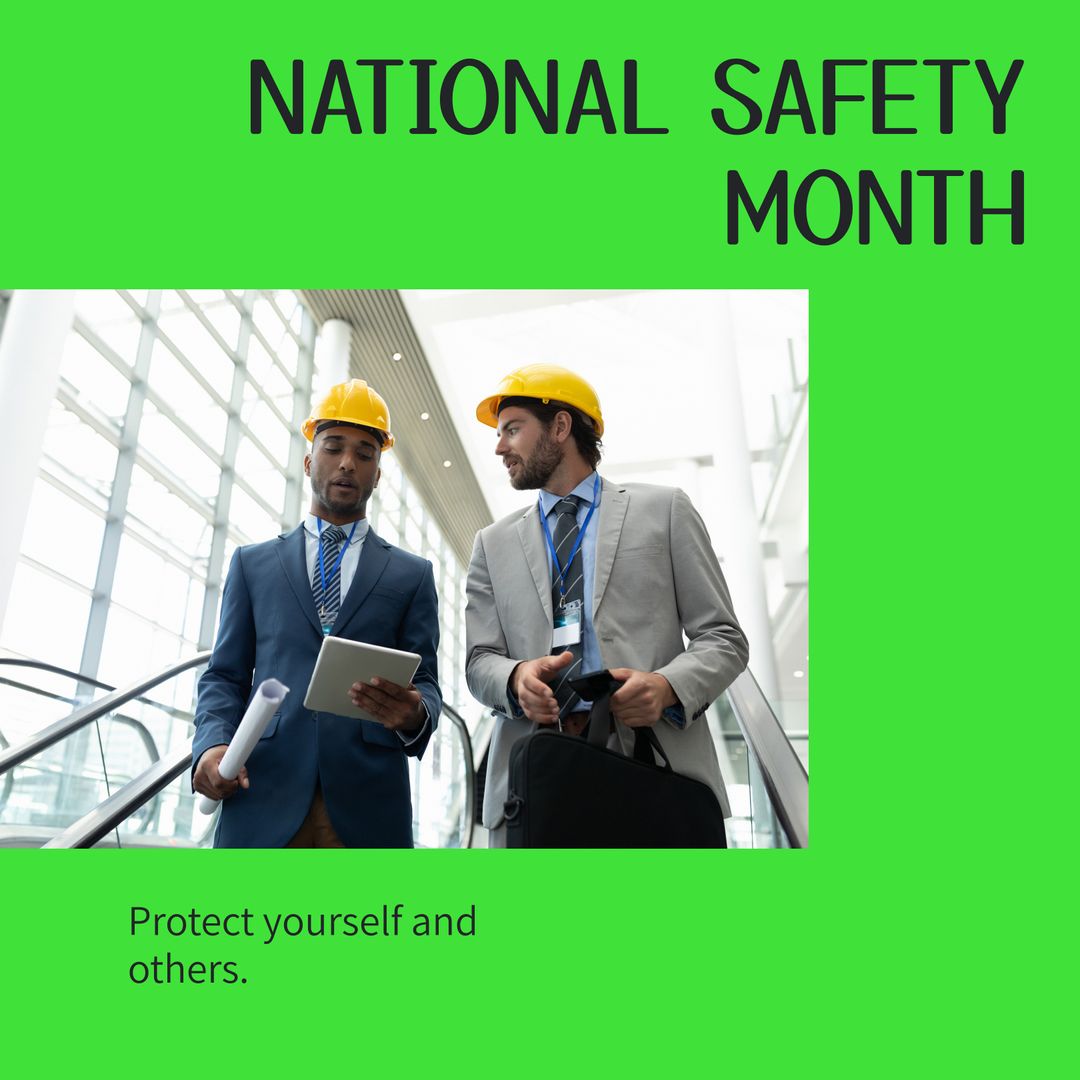 Multiracial Male Engineers Discussing Safety on Escalator for National Safety Month - Download Free Stock Templates Pikwizard.com