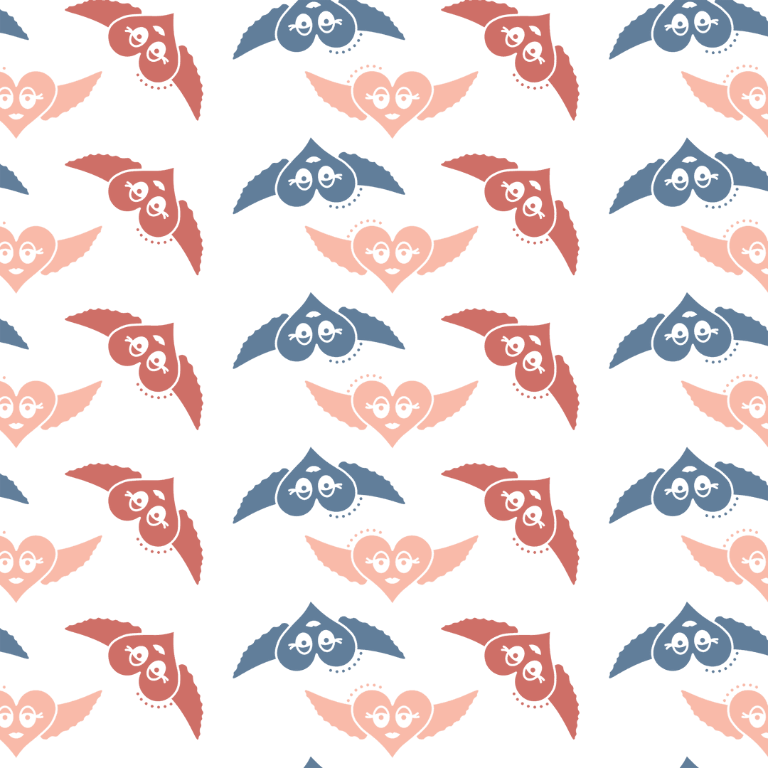 Vector hearts with wings pattern on transparent background