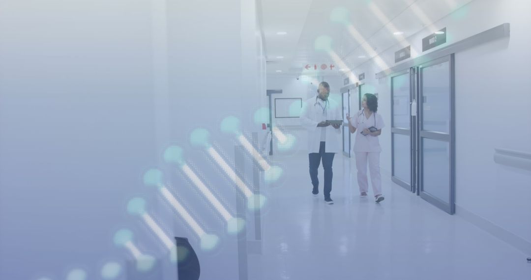 DNA Visualization with Doctors in Modern Hospital Corridor