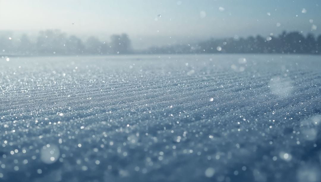 Sparkling Ridged Snowfield with Falling Snowflakes and Frost Crystals, Soft Bokeh Horizon