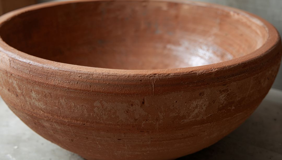 Large Terracotta Bowl with Weathered Texture and White Mineral Residue for Rustic Decor