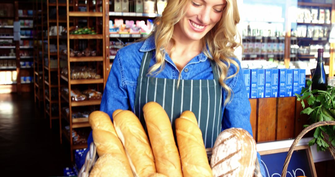 Young Woman Smiling While Holding Fresh Bread in Bakery - Free Images, Stock Photos and Pictures on Pikwizard.com