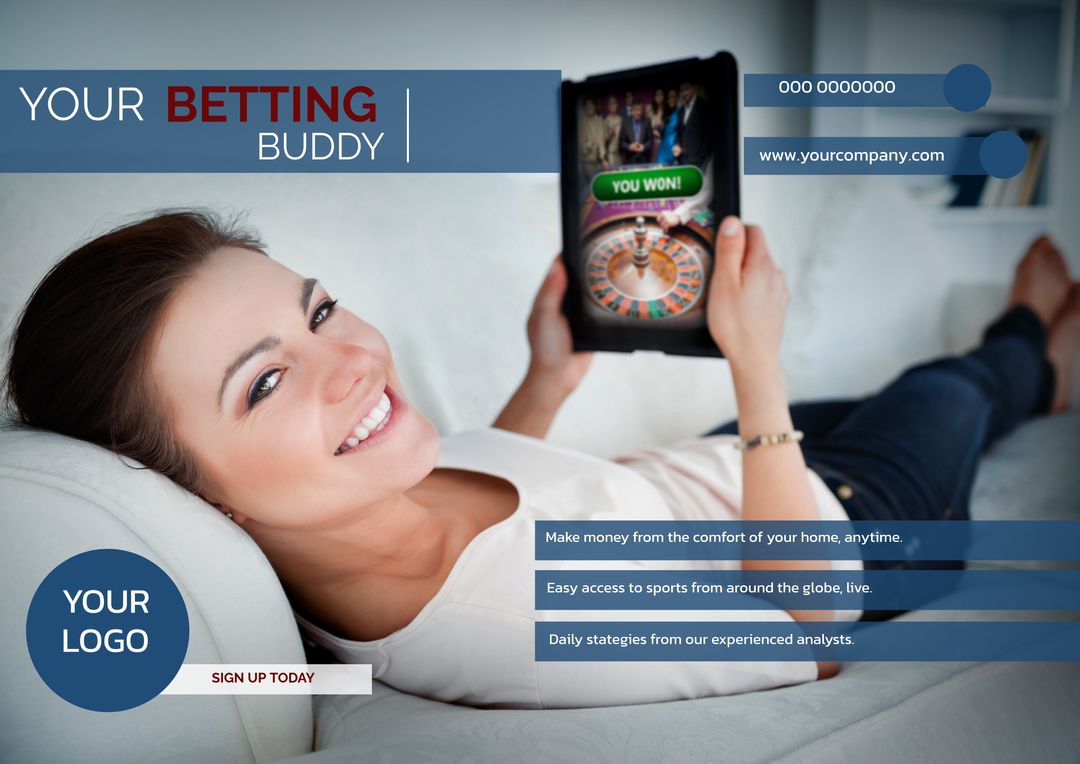 Woman Laughing while Winning Online on Tablet, Promoting Betting Services - Download Free Stock Templates Pikwizard.com