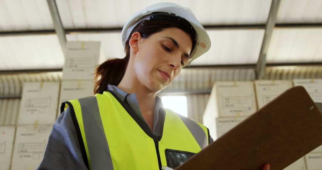 Female Warehouse Worker Wearing Safety Gear Checking Inventory on Clipboard - Free Images, Stock Photos and Pictures on Pikwizard.com