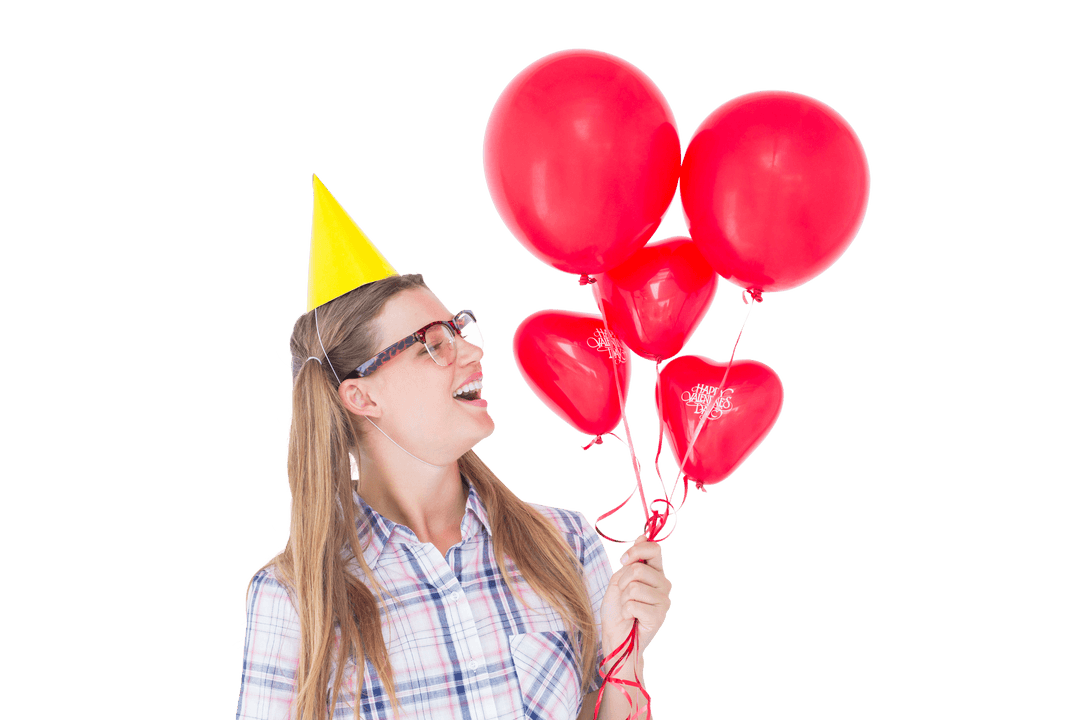 Transparent Geeky Hipster Woman Presenting Festive Balloons