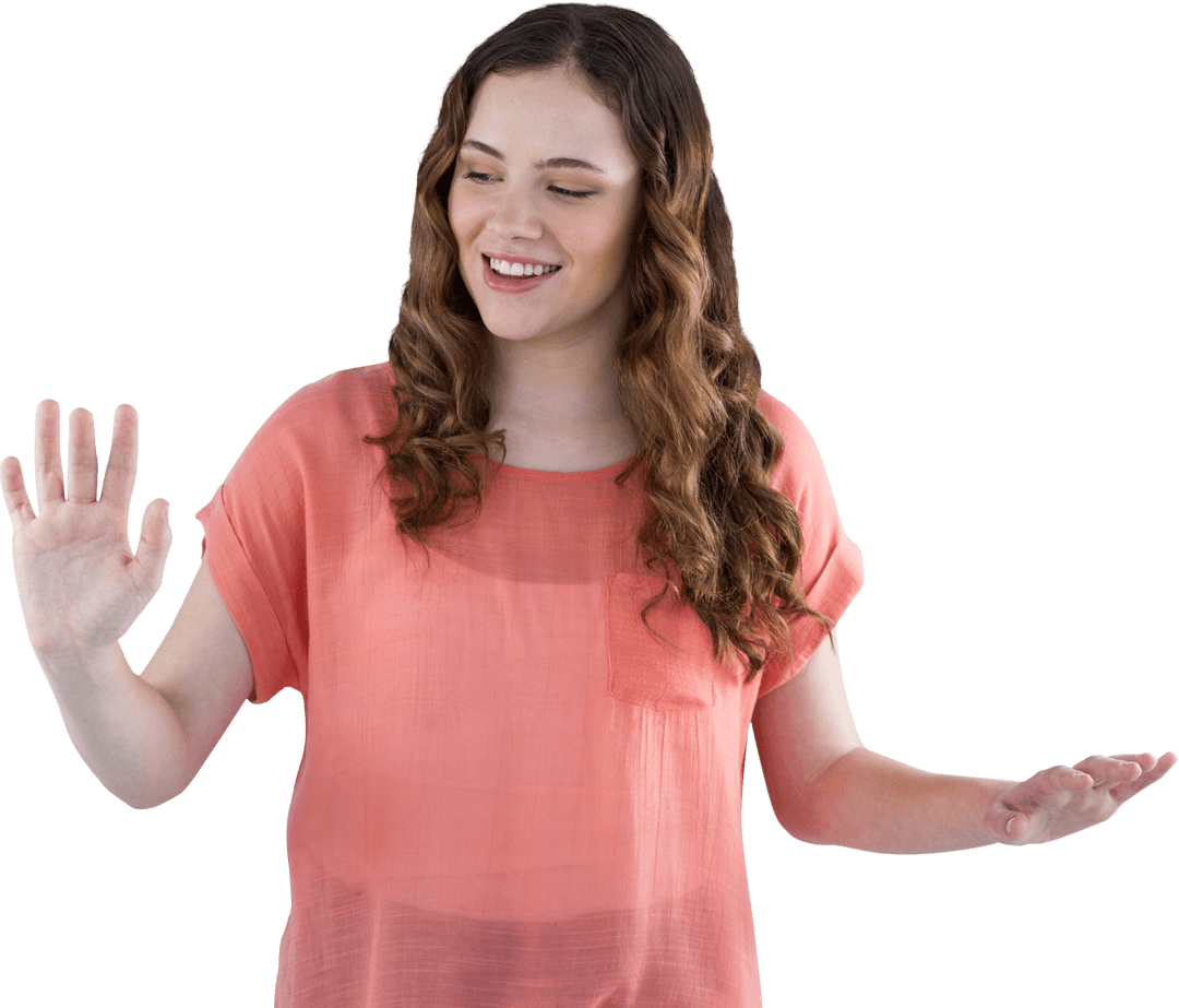 Happy Woman in Transparent Top Gesturing Expressively