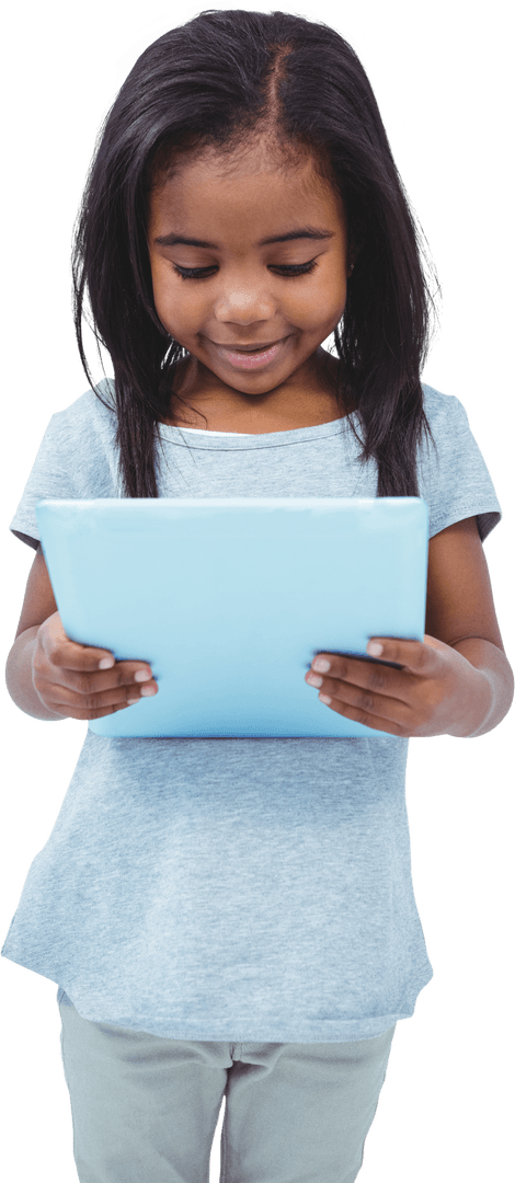 Cute Little Girl Engrossed with Tablet on White Background - Transparent